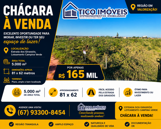 CHÁCARA Estrada dos Girassóis - Loteamento Campina Verde - chacara à venda em Paranaíba - MS